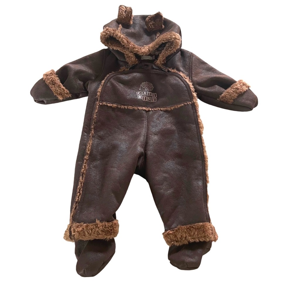 Catimini Pram Suit Baby 3M Brown Bear Ear Hood Sherpa Lined Faux Suede Snowsuit